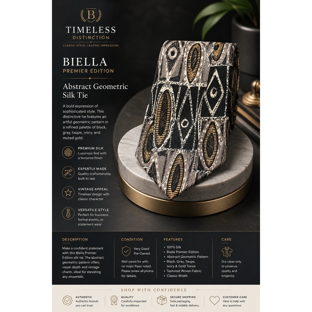 Biella Premier Edition Men's Silk Tie Abstract Geometric Black Gray Gold Vintage